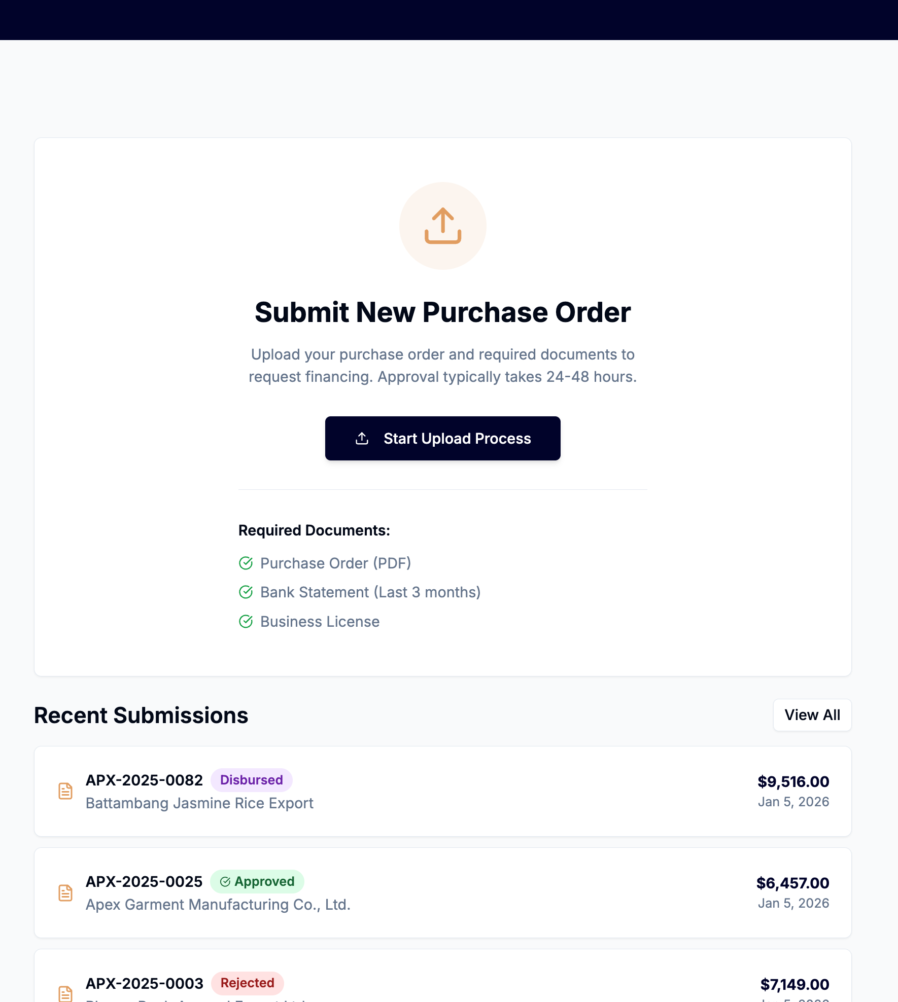 CreditBridge PO upload for SME financing